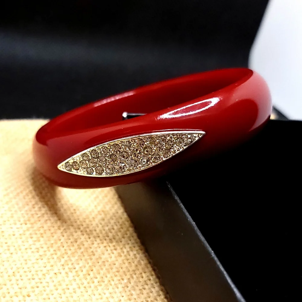 Red Lucite Pave Accent Bangle Bracelet Rouge Red Bracelet Accent Diamond Pave